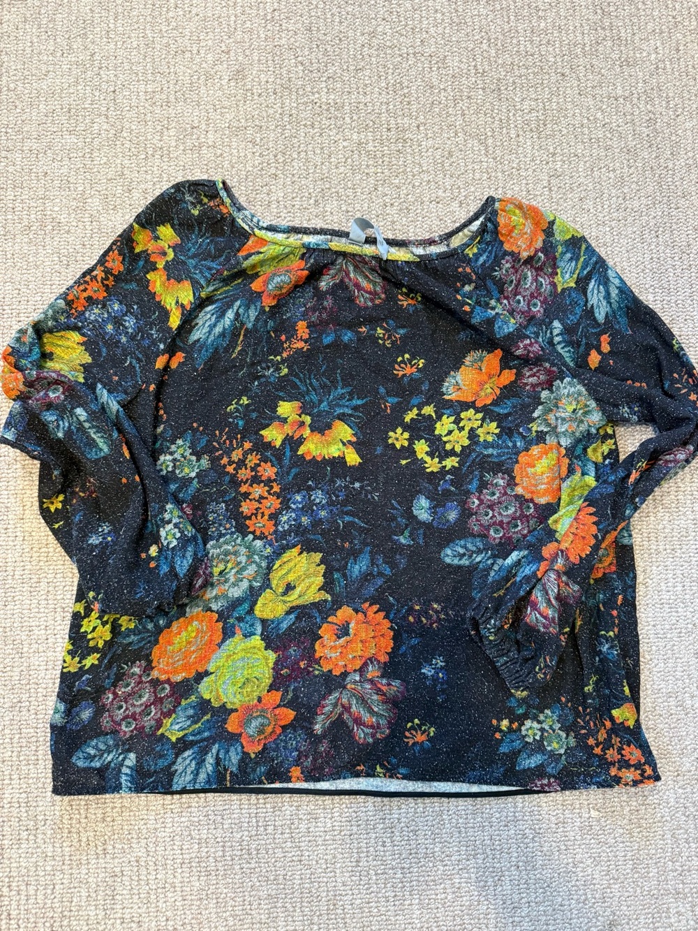 Raquel Allegra Floral Scoop Neck Women's Top - Black with Orange & Yellow Floral